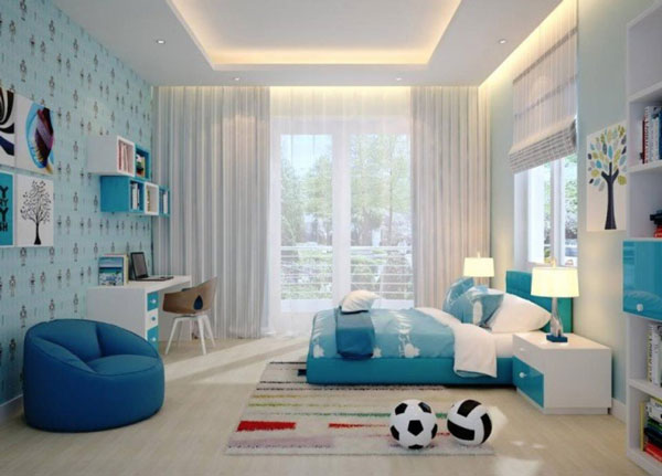 Ưu tiên chọn loại gạch tông màu sáng, hoạ tiết đơn giản nhằm tạo độ tương phản hài hòa với màu xanh biển chủ đạo của căn phòng